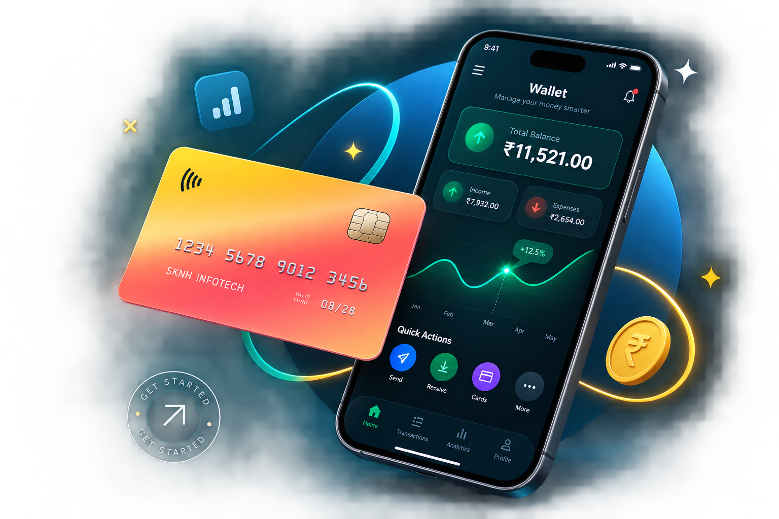 Finance card and mobile statistics illustration